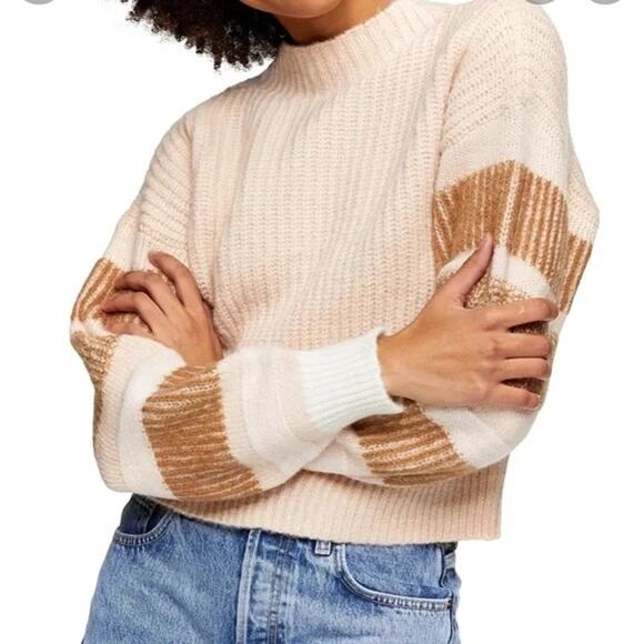 Topshop Womens Pullover Fuzzy Mock Knit Sweater Sz 4-6 Tan/Cream/Pink Stripe NWT - Picture 4 of 8